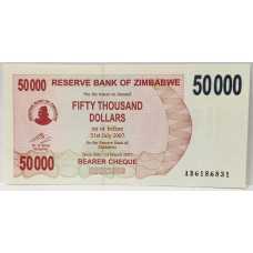 ZIMBABWE 2007 . FIFTY THOUSAND 50,000 DOLLARS BANKNOTE